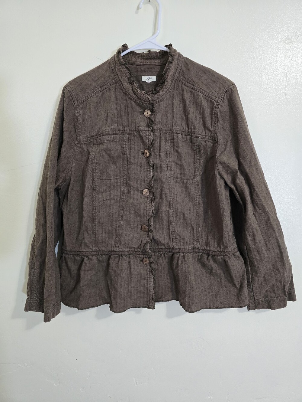 J Jill Cotton Flared Hem Military Jacket Size L Jacquard Stripe Ruffle Brown